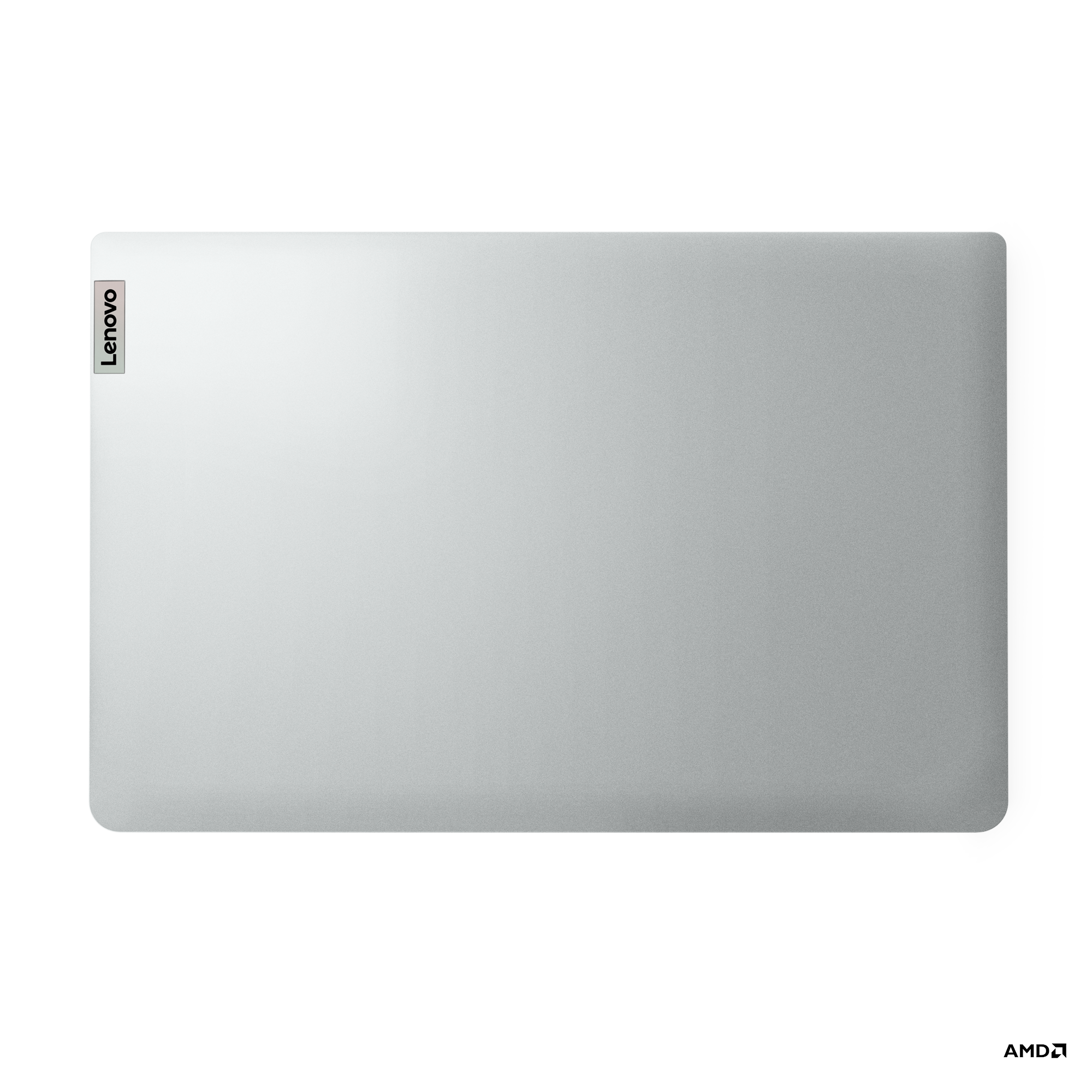 Siyah arka plan üzerinde Lenovo logosu bulunan gümüş bir dizüstü bilgisayarın yukarıdan görünümü.