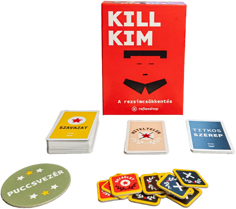 Társasjáték doboz kártyákkal és játékelemekkel. A dobozon a felirat: 'KILL KIM'.