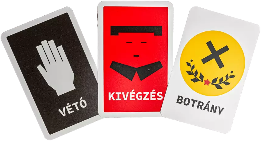 Három kártya fekete, piros és sárga háttérrel, fehér szimbólumokkal és szöveggel.