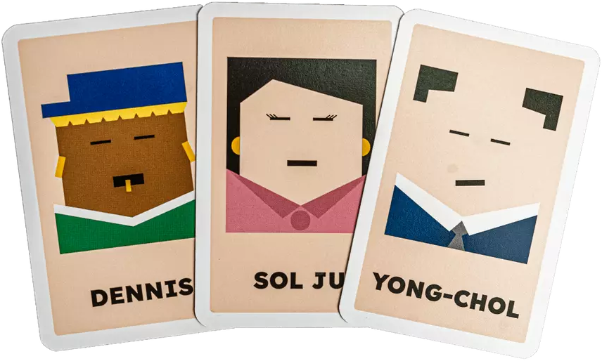 Három kártya rajzolt arcokkal és nevekkel: Dennis, Sol Ju, Yong-chol.