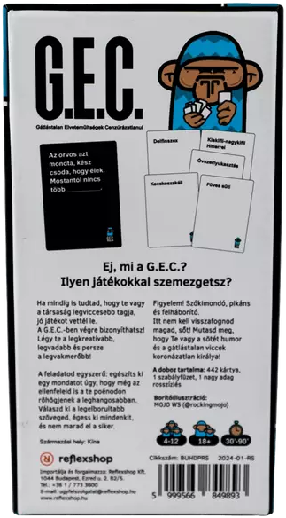 Egy G.E.C. kártyajáték dobozának hátoldala, majomrajzzal és szöveggel.