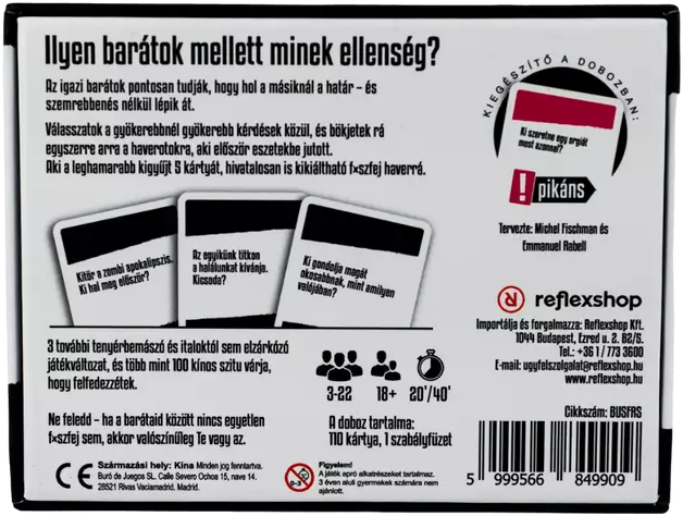 Kártyajáték doboz hátulja. Szöveg magyarul. Pikáns nevű játék.