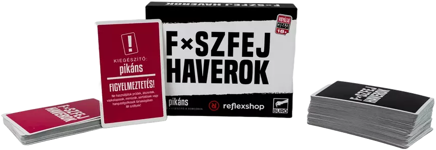 A 'F*szfej Haverok' nevű magyar kártyajáték doboza és kártyái.