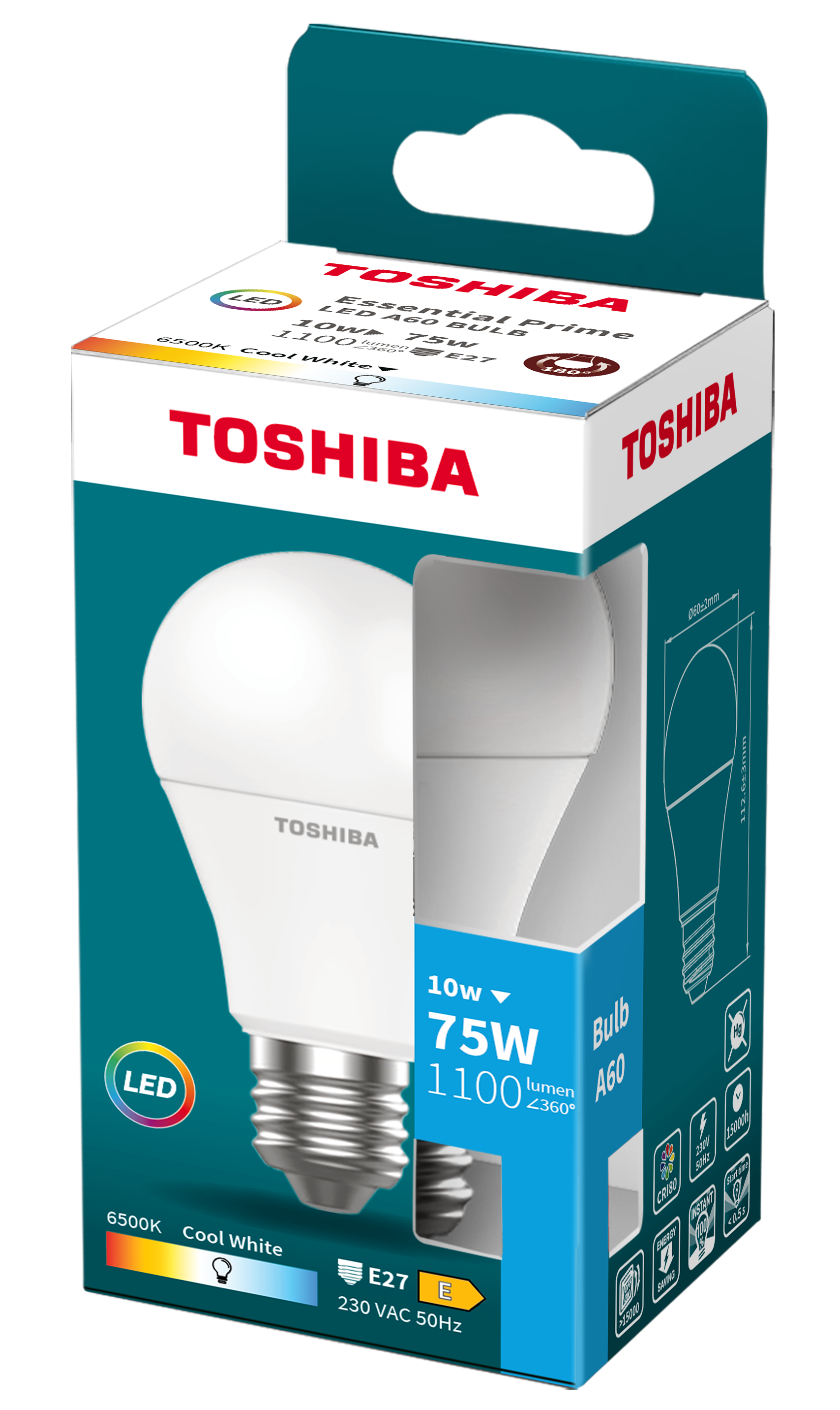 Żarówka LED Toshiba w pudełku, pokazująca specyfikacje i design.