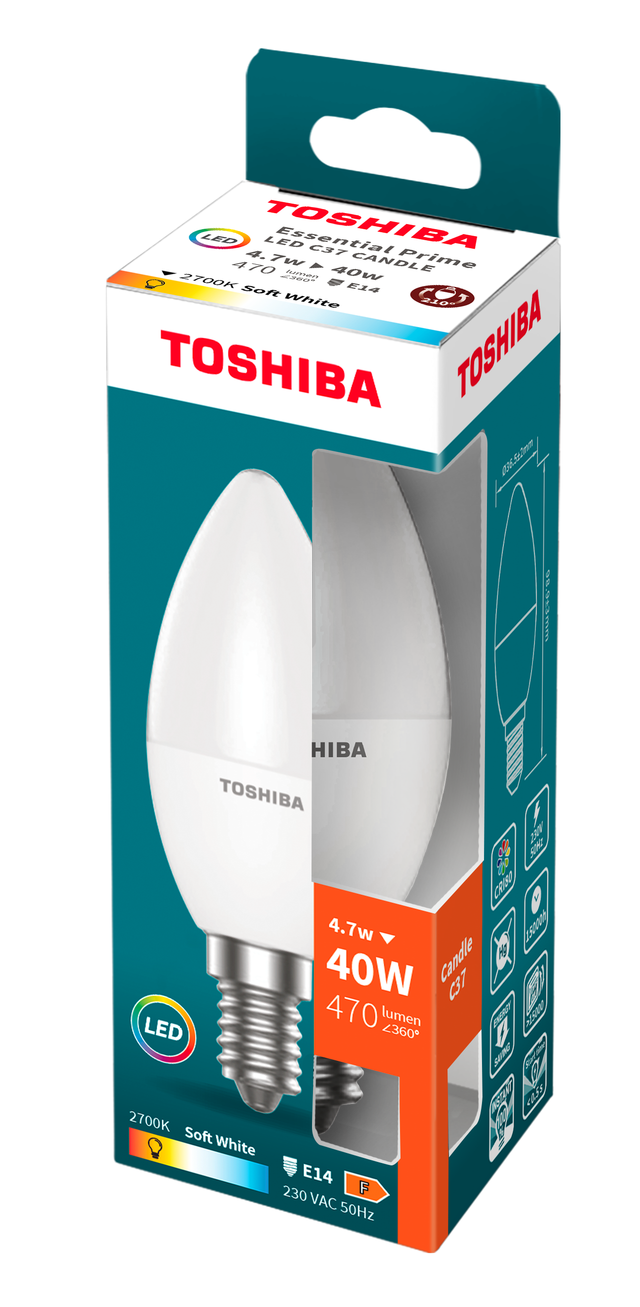 Żarówka LED Toshiba w opakowaniu. Opakowanie jest biało-niebiesko-pomarańczowe. Żarówka jest biała.