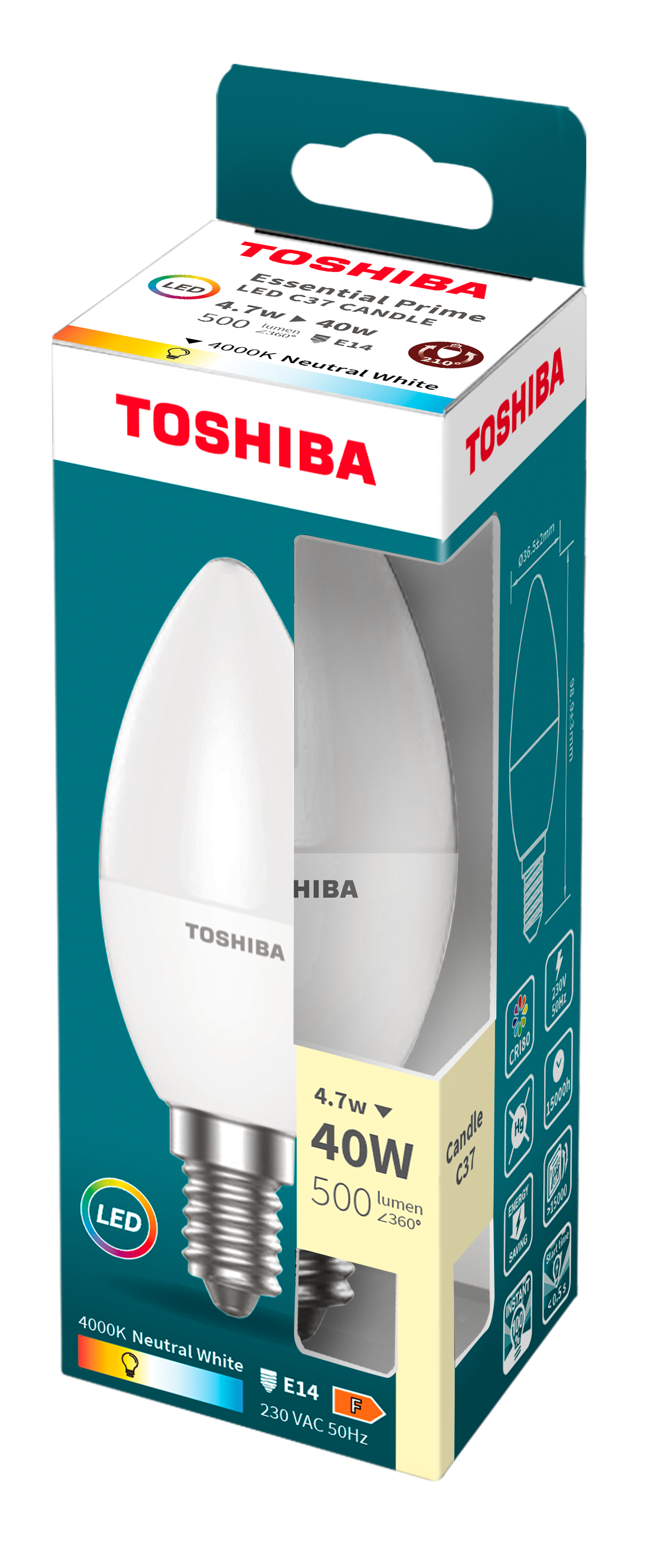 Żarówka LED TOSHIBA, w opakowaniu, pokazująca specyfikacje techniczne.