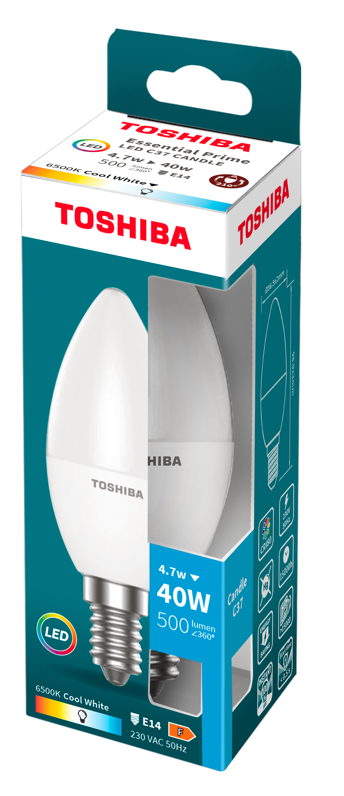 Pudełko żarówki Toshiba, widoczna biała żarówka, na turkusowym tle.