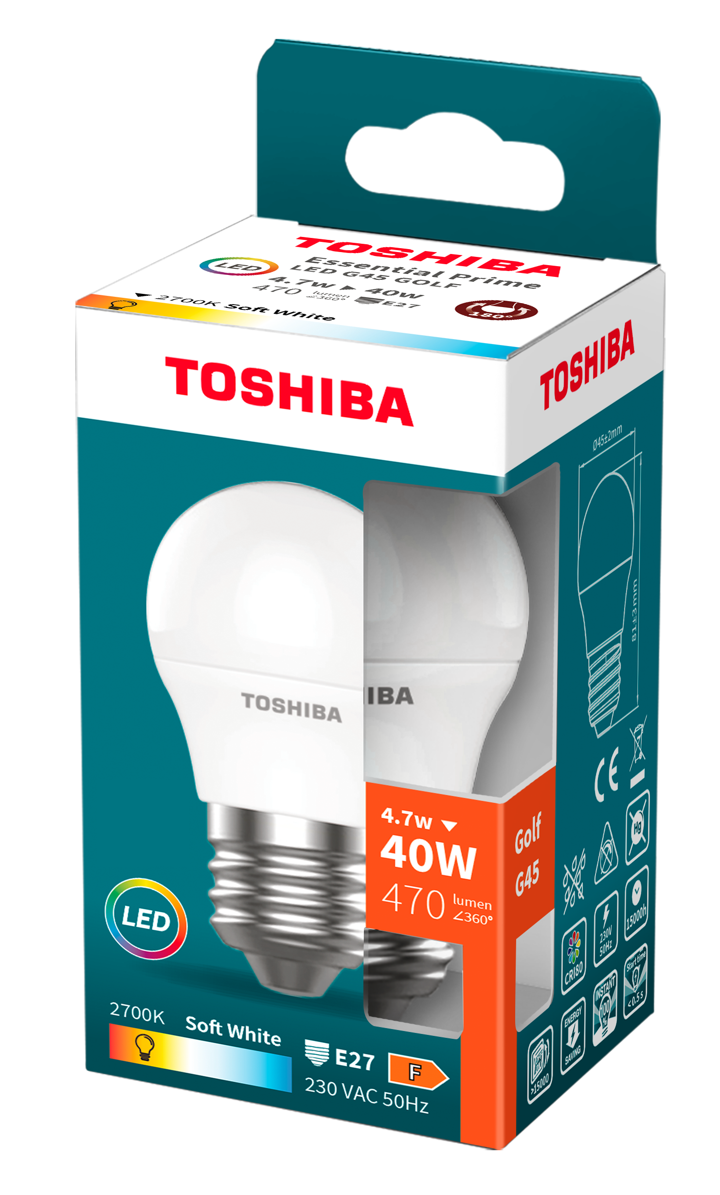 Pudełko żarówki Toshiba z żarówką przed nim.