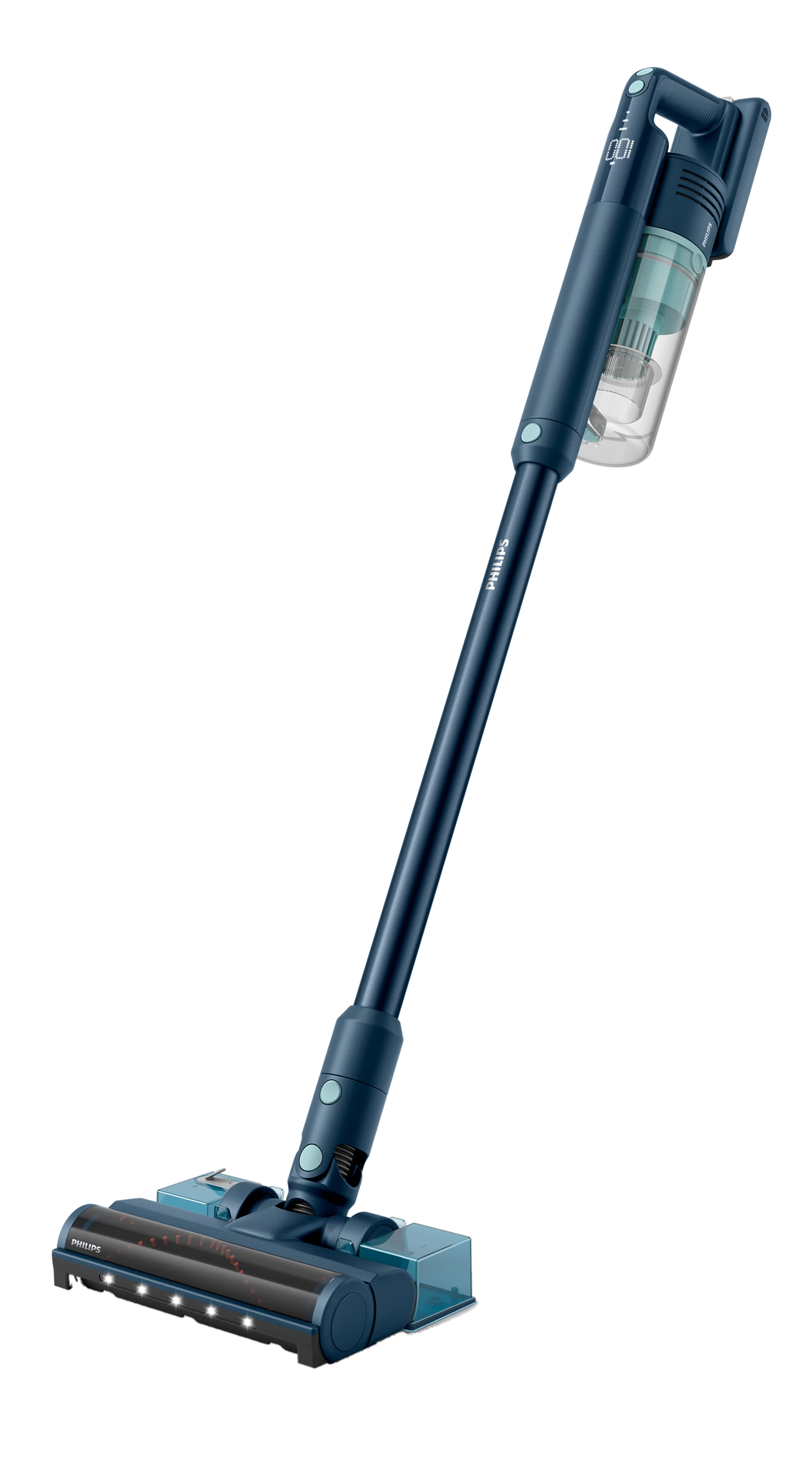 Un aspirateur à main bleu, avec une longue poignée et une tête de nettoyage.