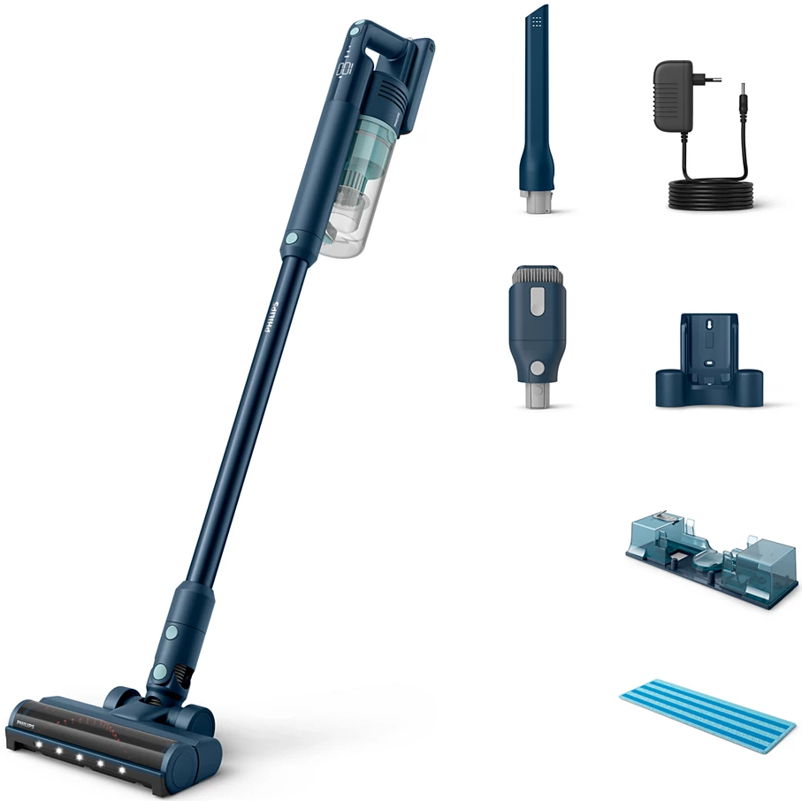Aspirateur sans fil Philips bleu avec accessoires et pièces jointes.