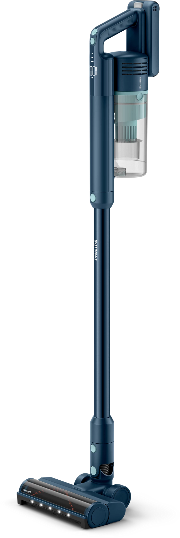 Aspirateur bleu avec une longue poignée et une tête de brosse.