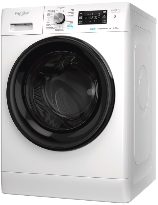 Lave-linge Whirlpool blanc avec porte noire, sur fond blanc.