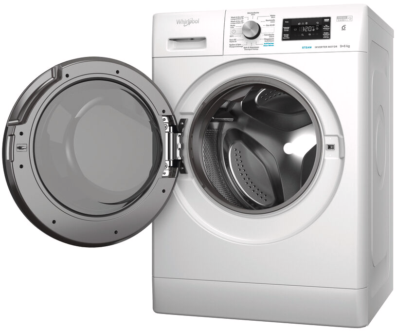 Un lave-linge Whirlpool blanc avec la porte ouverte.