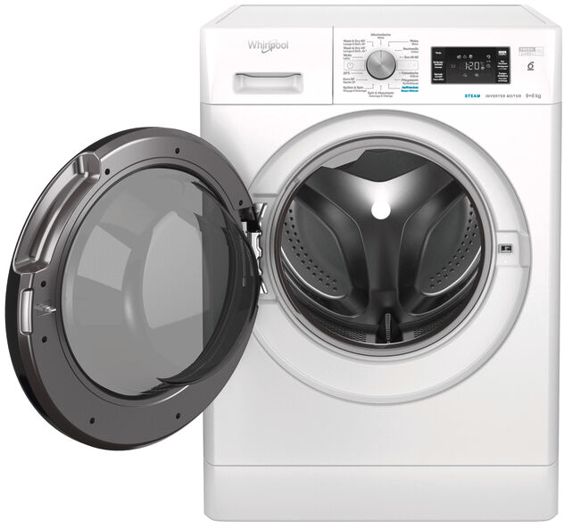 Un lave-linge blanc avec une porte ouverte, révélant le tambour, sur un fond blanc.