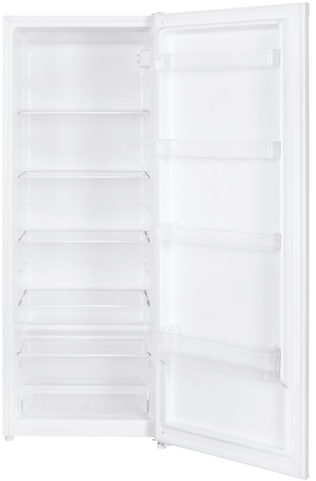 Un réfrigérateur blanc avec une porte ouverte, révélant des étagères et des compartiments.