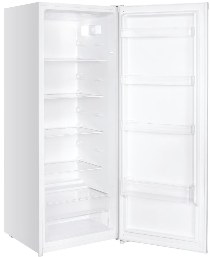 Réfrigérateur blanc et haut avec une porte ouverte montrant étagères et tiroirs.