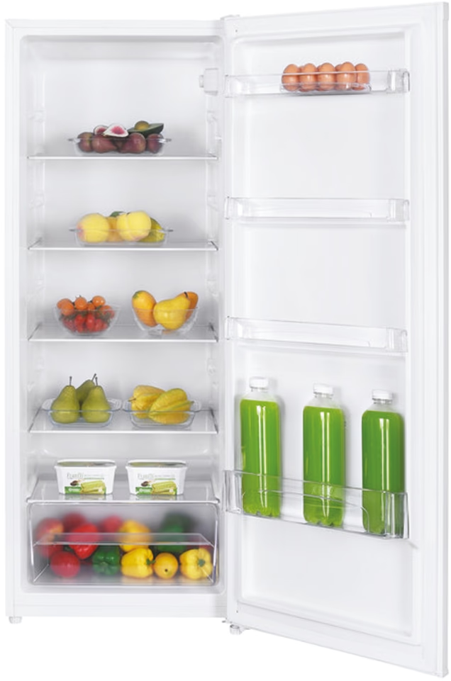 Un réfrigérateur blanc avec la porte ouverte, rempli de fruits, légumes et boissons.