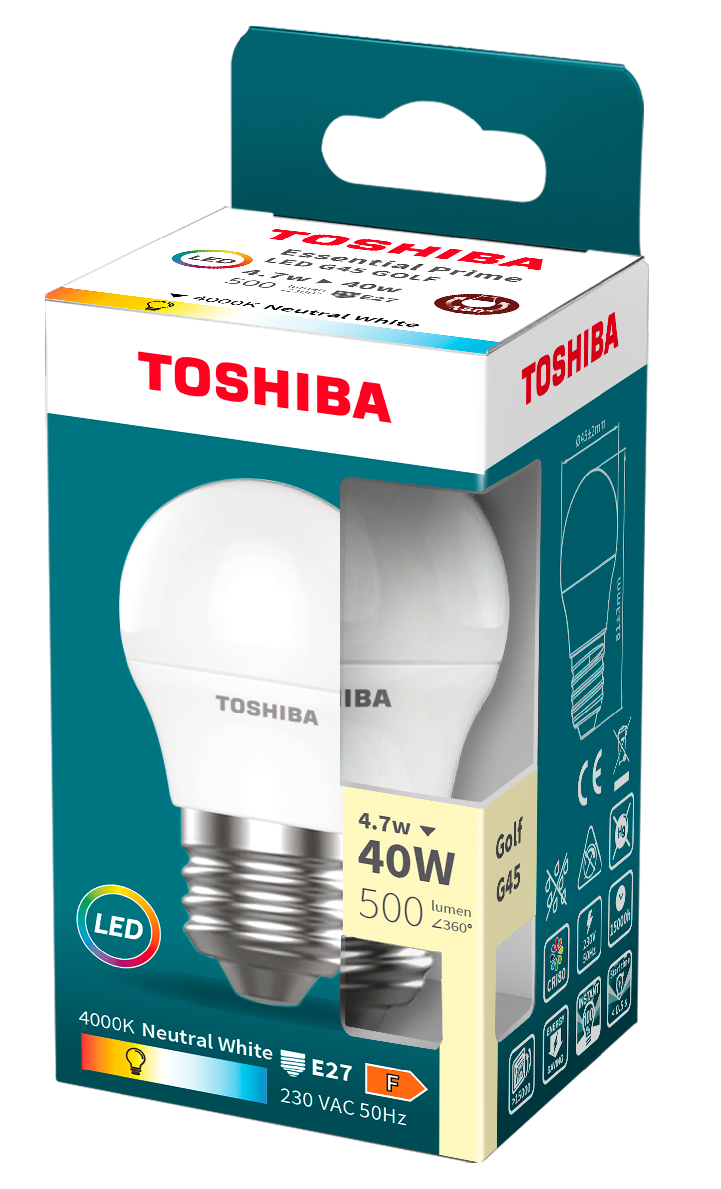 Żarówka LED w pudełku na białym tle. Pudełko pokazuje szczegóły żarówki i markę.