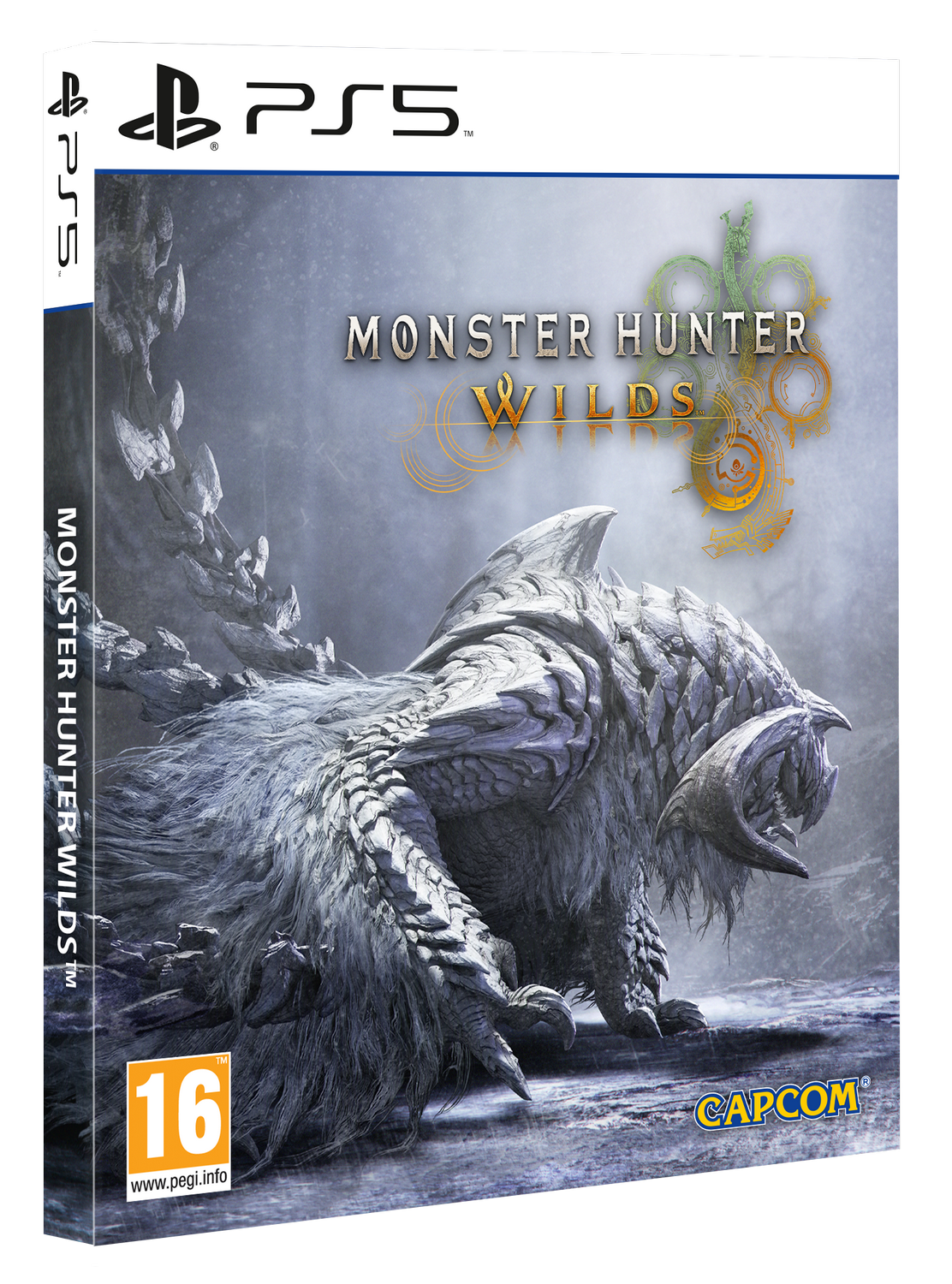 Caja del juego Monster Hunter Wilds PS5. Con ilustración de monstruo, título y logotipos del juego.