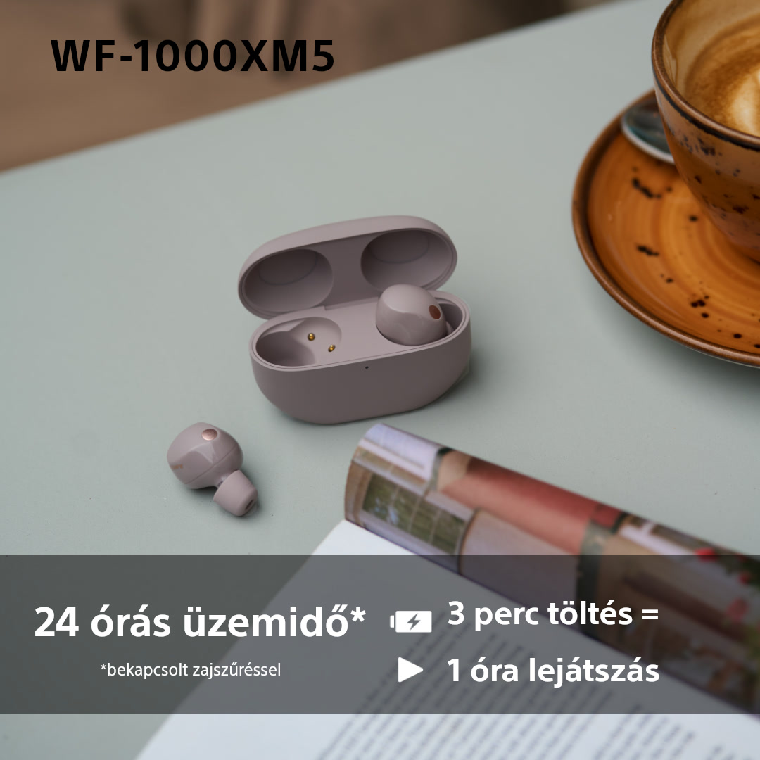 Fülhallgatók töltőtokban és egyetlen fülhallgató. A szöveg azt mondja, hogy 24 óra, 3 perc töltés = 1 óra lejátszás.