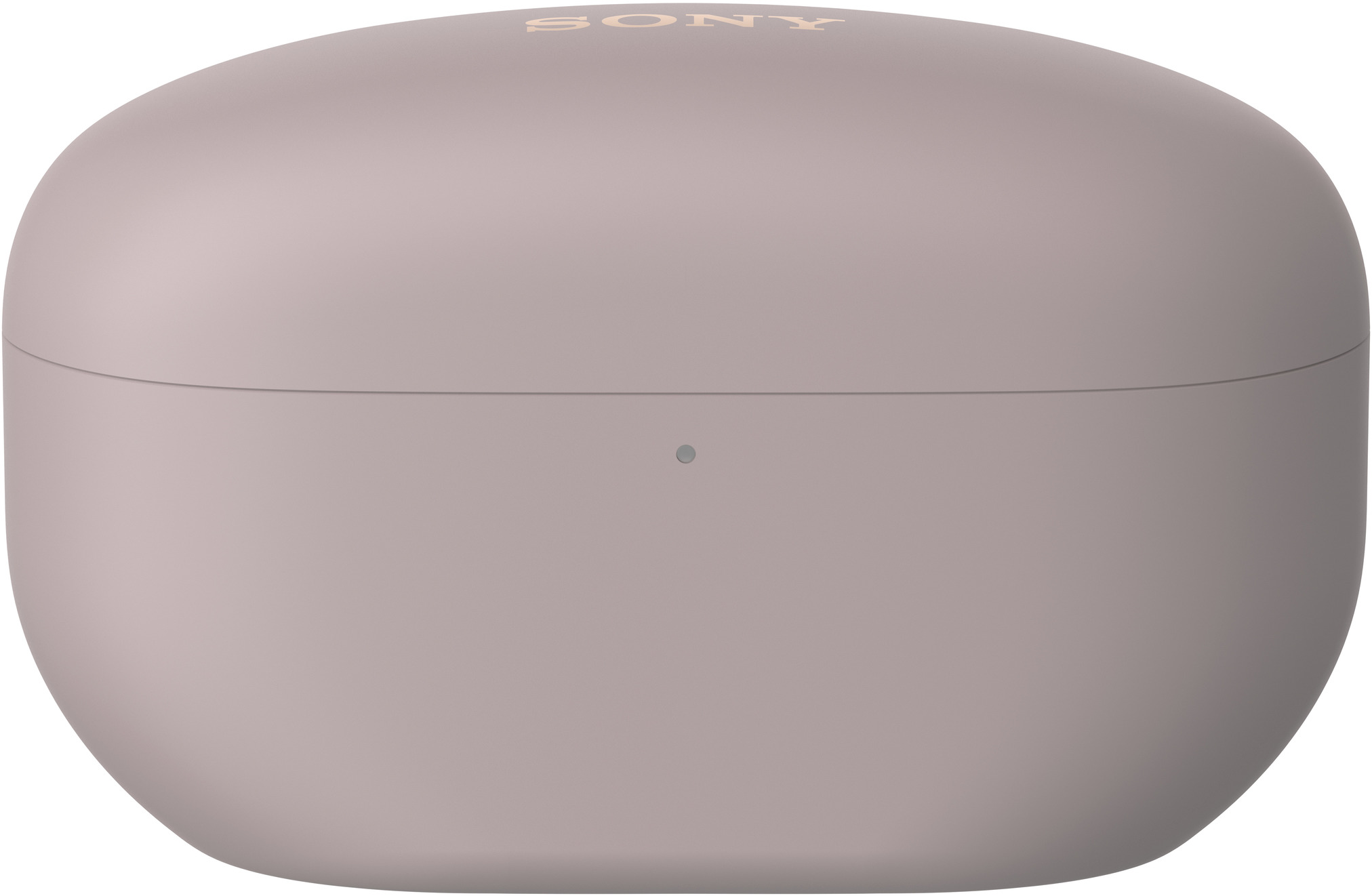 Szürke töltőtok fülhallgatókhoz, a Sony logóval a tetején.