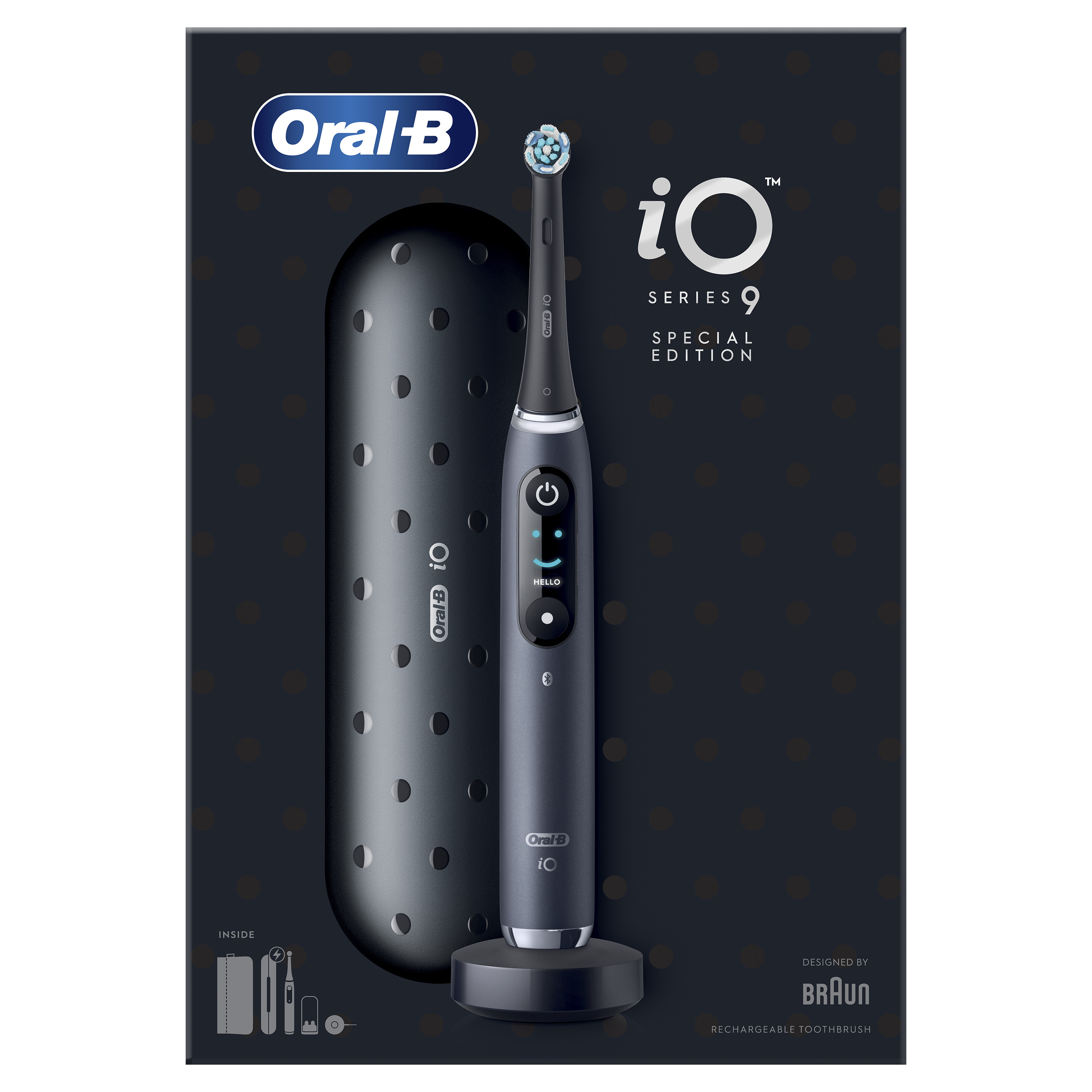 Oral-B io Series 9 elektromos fogkefe, tokkal és töltőállvánnyal.