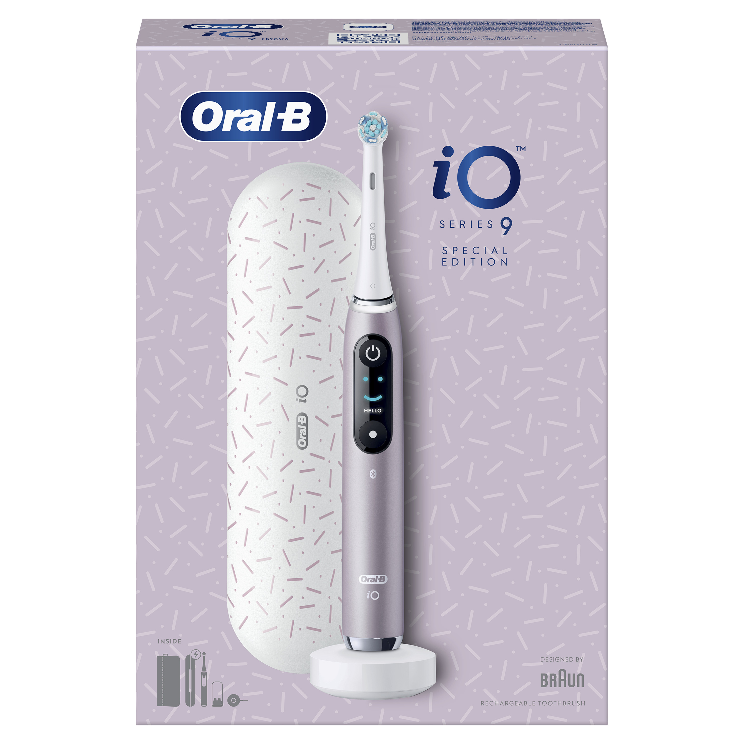 Egy Oral-B iO Series 9 elektromos fogkefe és tok lila háttéren.