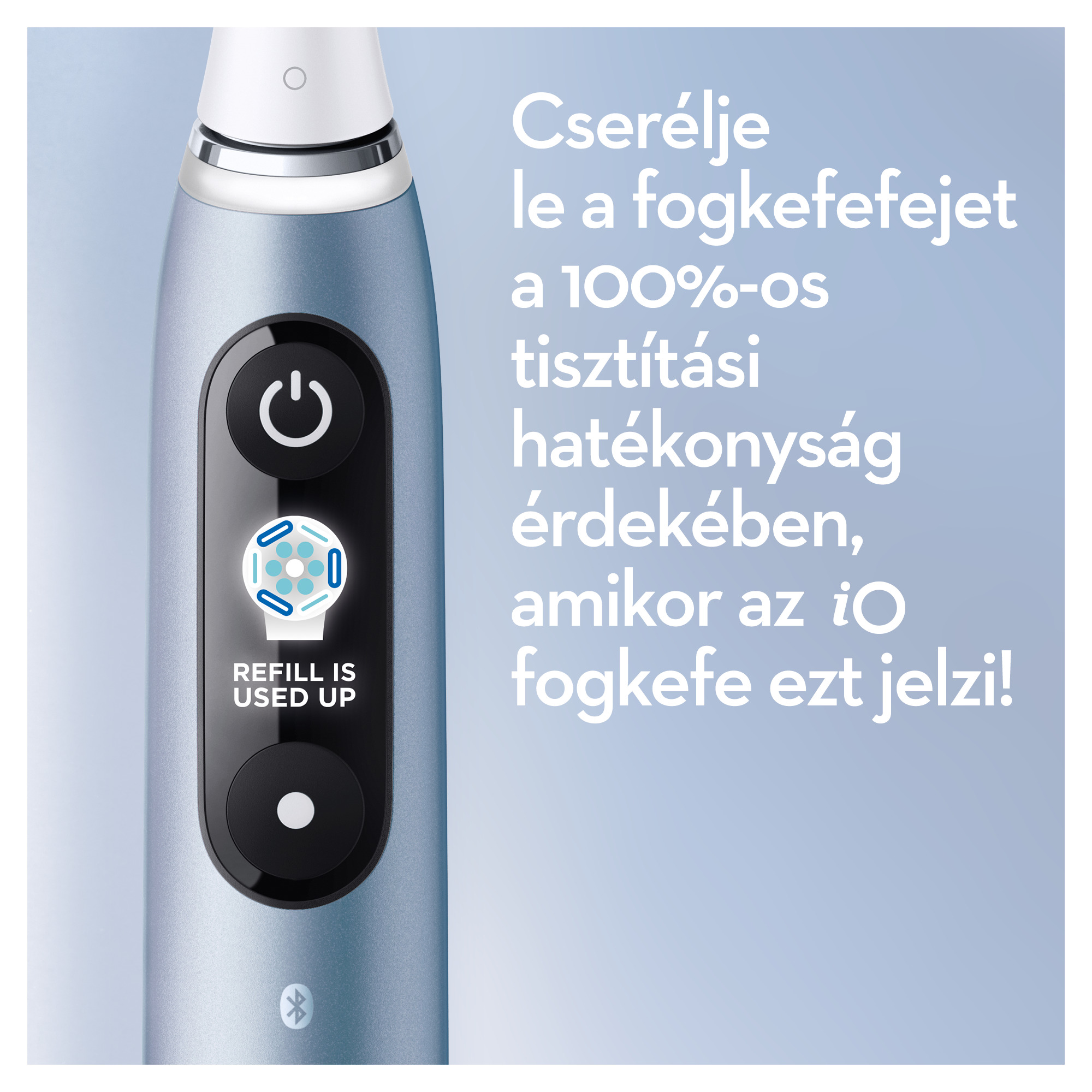 Kék elektromos fogkefe utántöltés jelzővel. A szöveg: 'REFILL IS USED UP'.