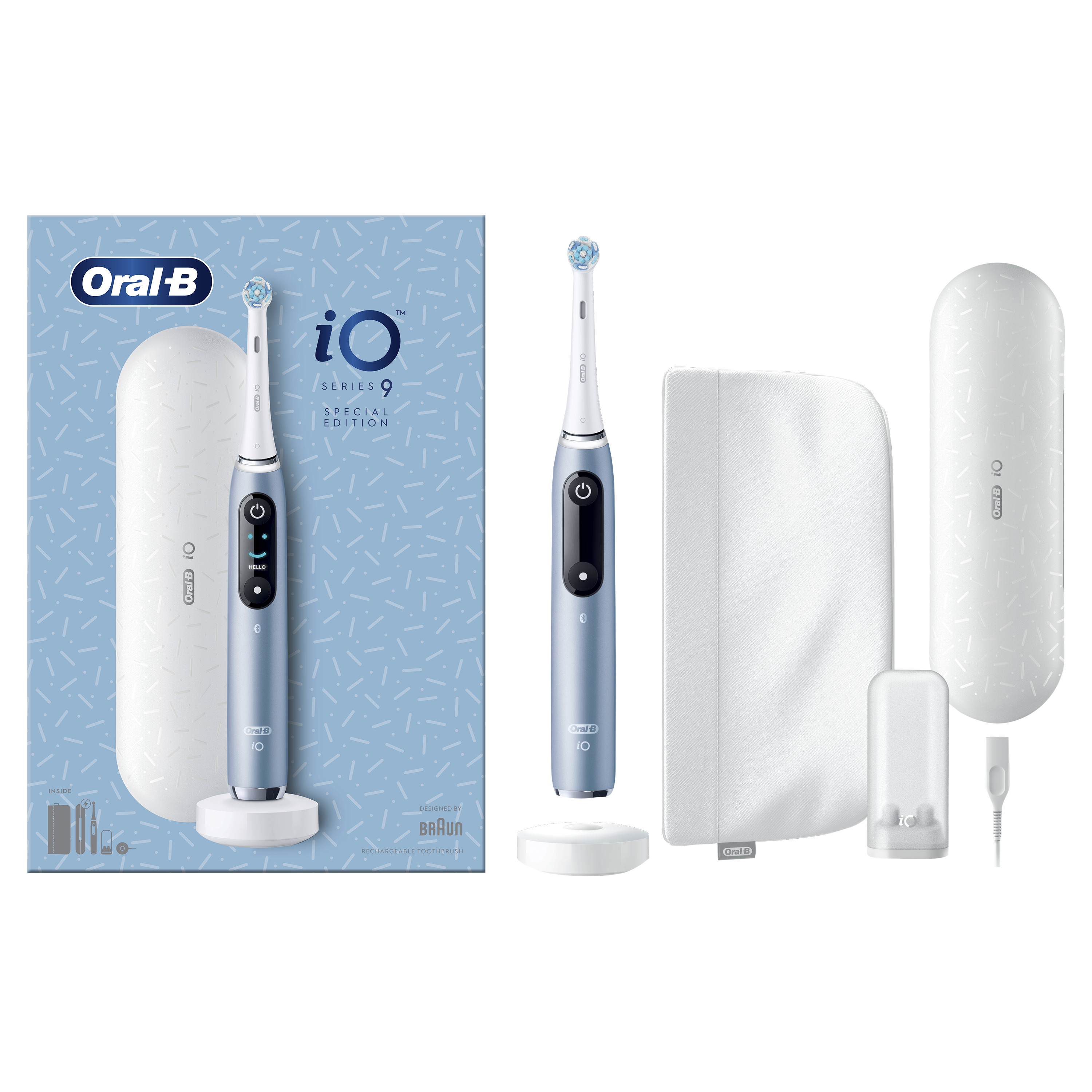 Oral-B iO Series 9 elektromos fogkefe készlet tartozékokkal. Tartalmaz fogkefét, töltőt és tokot.