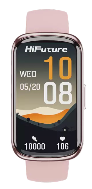 Zegarek Smartwatch w kolorze różowego złota wyświetla godzinę, datę, kroki i tętno.