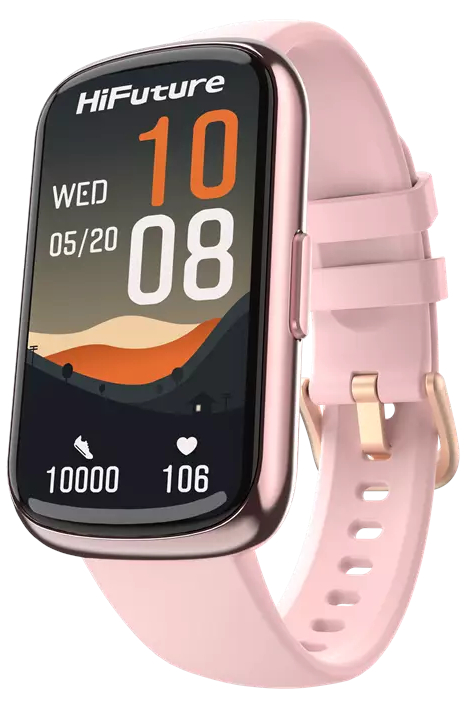 Różowy smartwatch z czarnym wyświetlaczem pokazującym datę i godzinę. Różowy pasek, złote zapięcie.