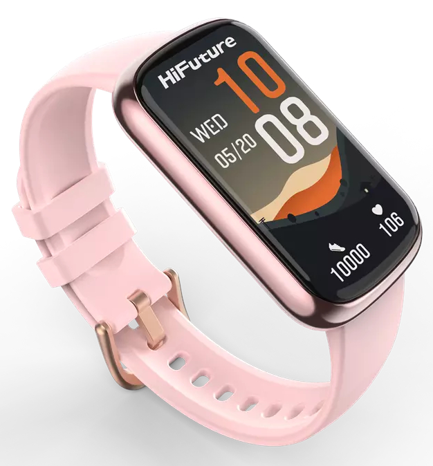 Różowy smartwatch HiFuture. Wyświetla godzinę, datę, kroki i tętno na czarnym ekranie.