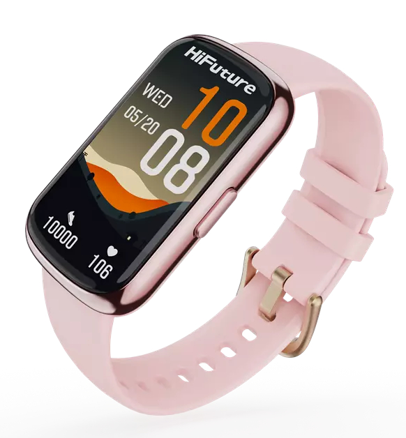 Różowy smartwatch z różowym paskiem wyświetla godzinę i datę na ekranie. Wyświetlacz pokazuje również wskaźniki aktywności.