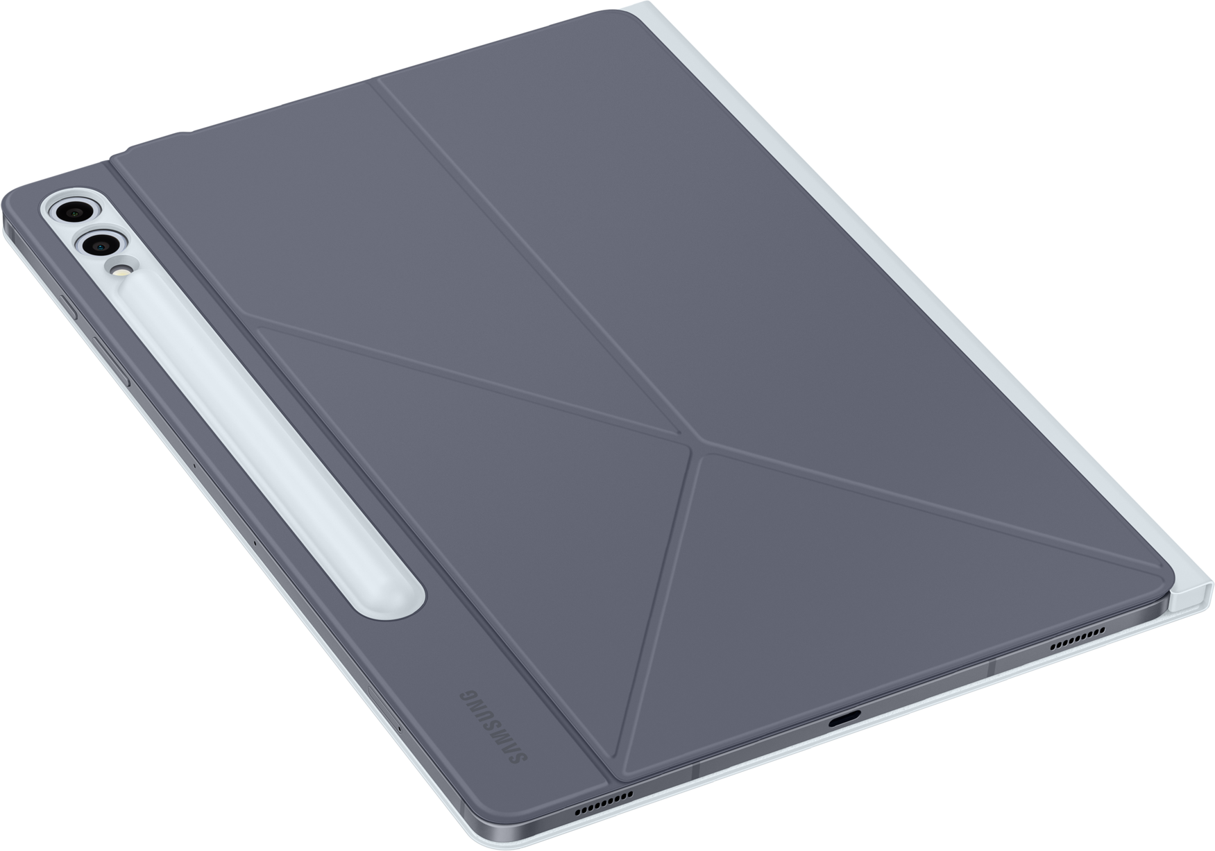 Graues Tablet mit faltbarer Hülle und weißem Stift auf schwarzem Untergrund.