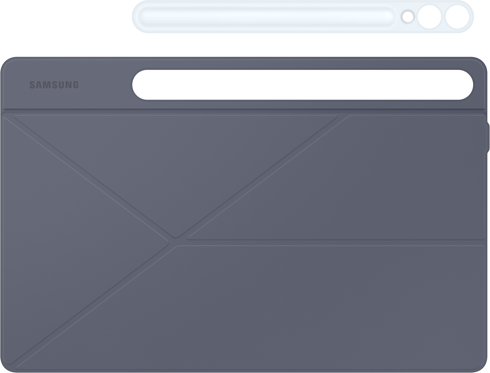 Eine graue Tablet-Hülle mit Stift, von oben gesehen.