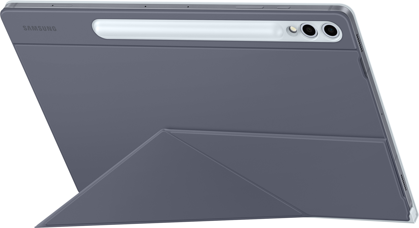 Graues Tablet mit gefalteter Hülle, die einen Ständer bildet. Samsung-Logo.