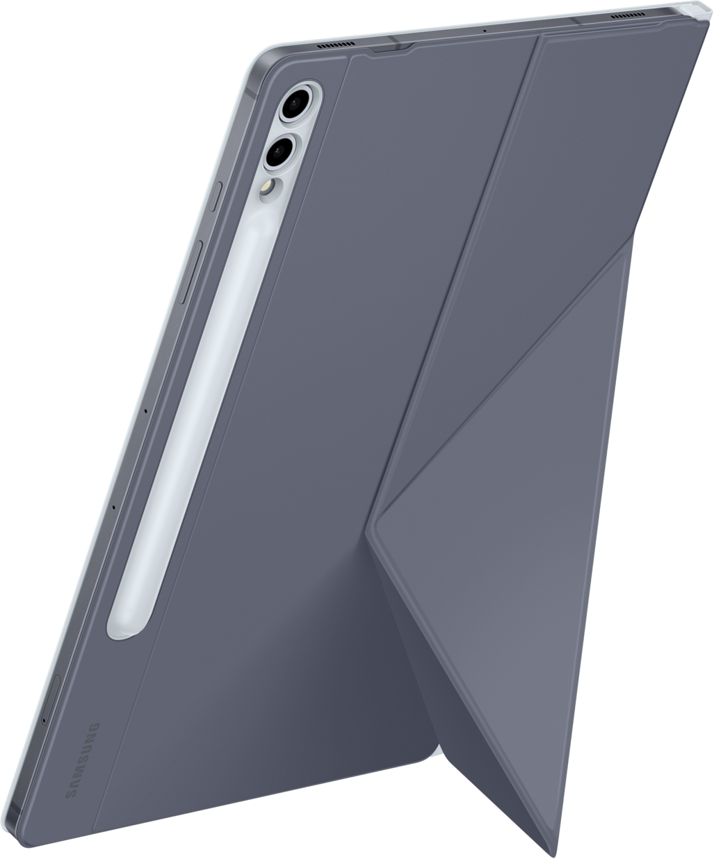 Ein graues Tablet mit Ständer und Stift. Das Samsung-Logo ist sichtbar.