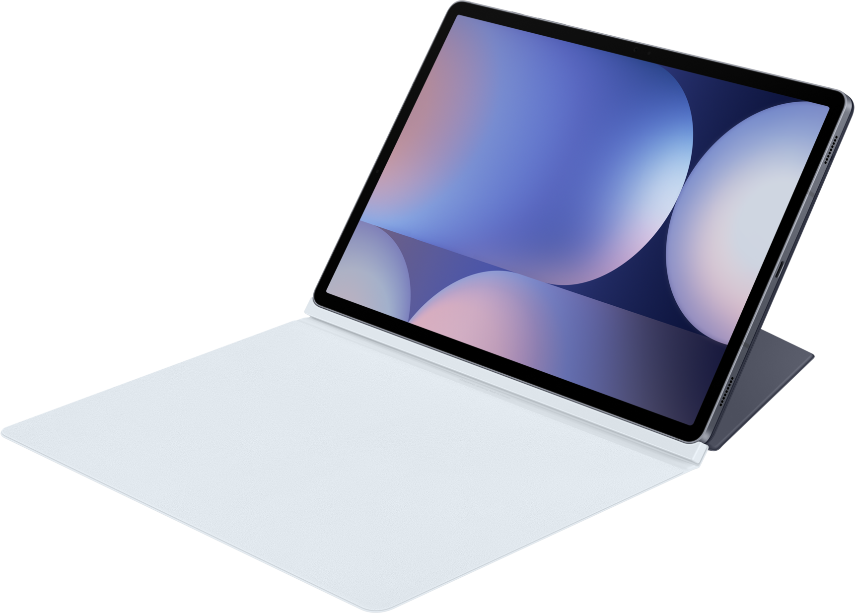 Tablet mit geöffneter Hülle, zeigt einen blau-lila Bildschirm.
