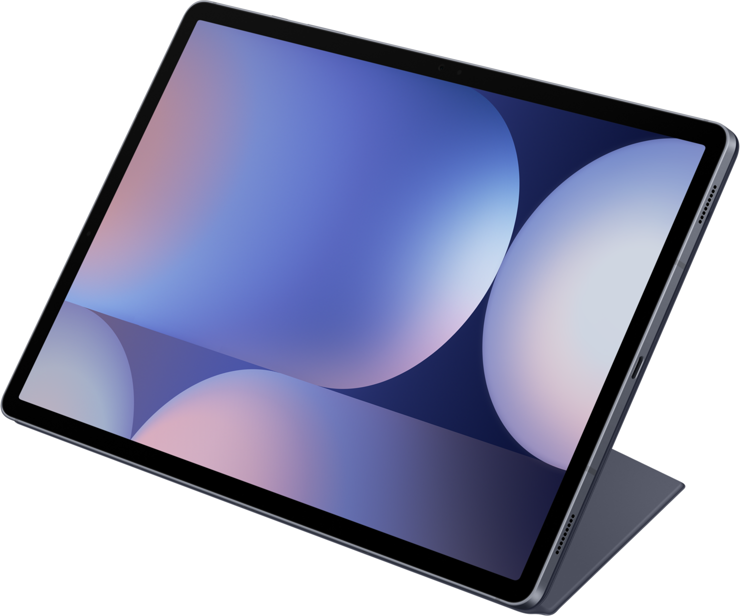 Tablet mit blau-weißem Hintergrund und Tastatur.