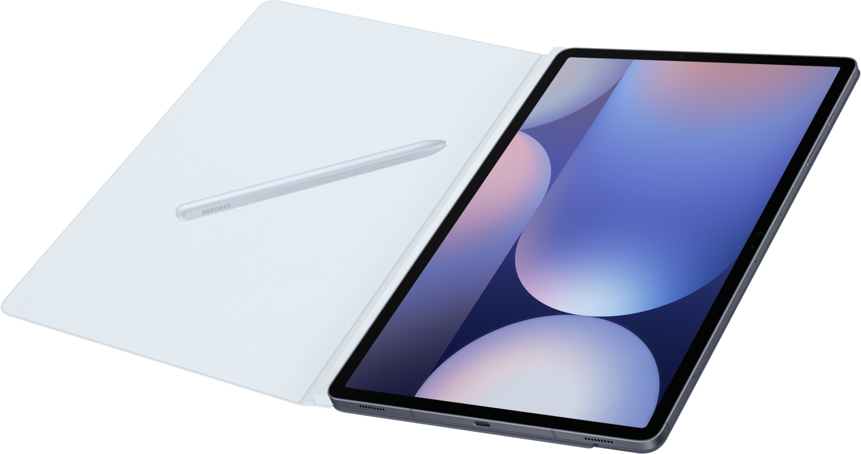 Ein Tablet mit hellblauer Hülle und Stift auf schwarzem Hintergrund. Der Bildschirm ist an.