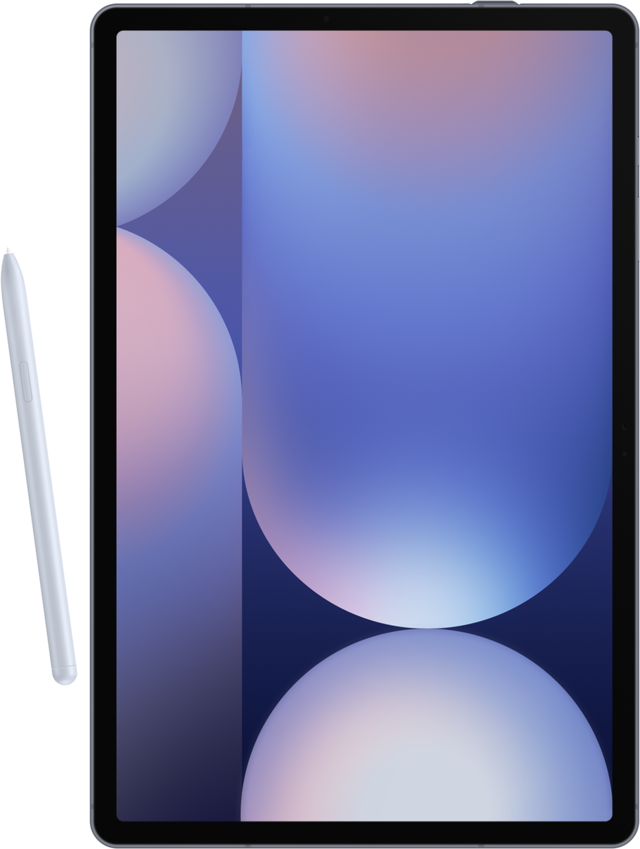 Tablet mit Stift auf weißem Hintergrund mit blau-orangefarbenem Farbverlauf.