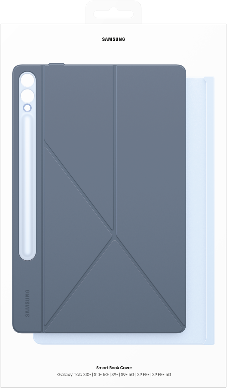 Graue Tablet-Hülle mit Stifthalter, in einer weißen und grauen Box, auf Weiß.