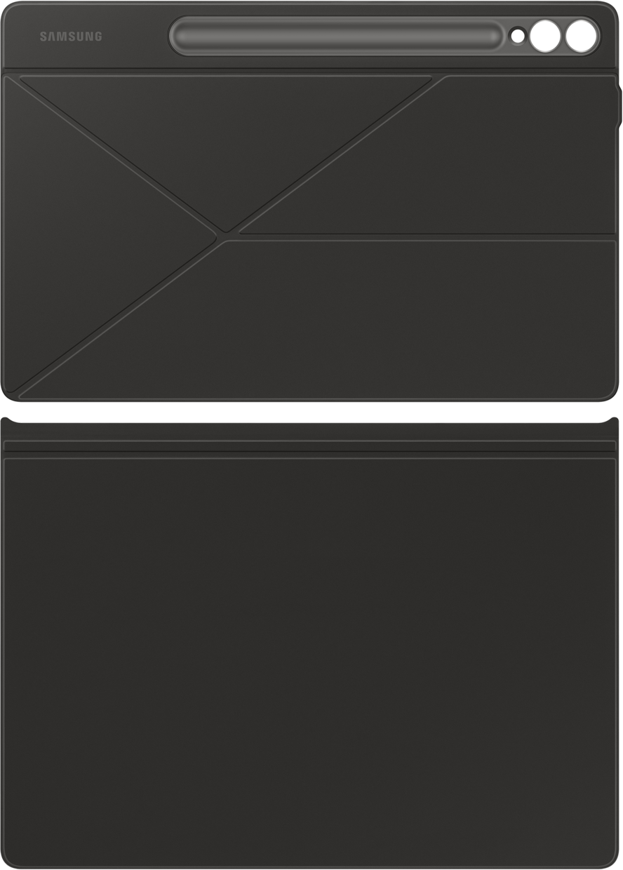 Étui de tablette noir, vue de dessus. Étui plié, avec logo Samsung en haut.