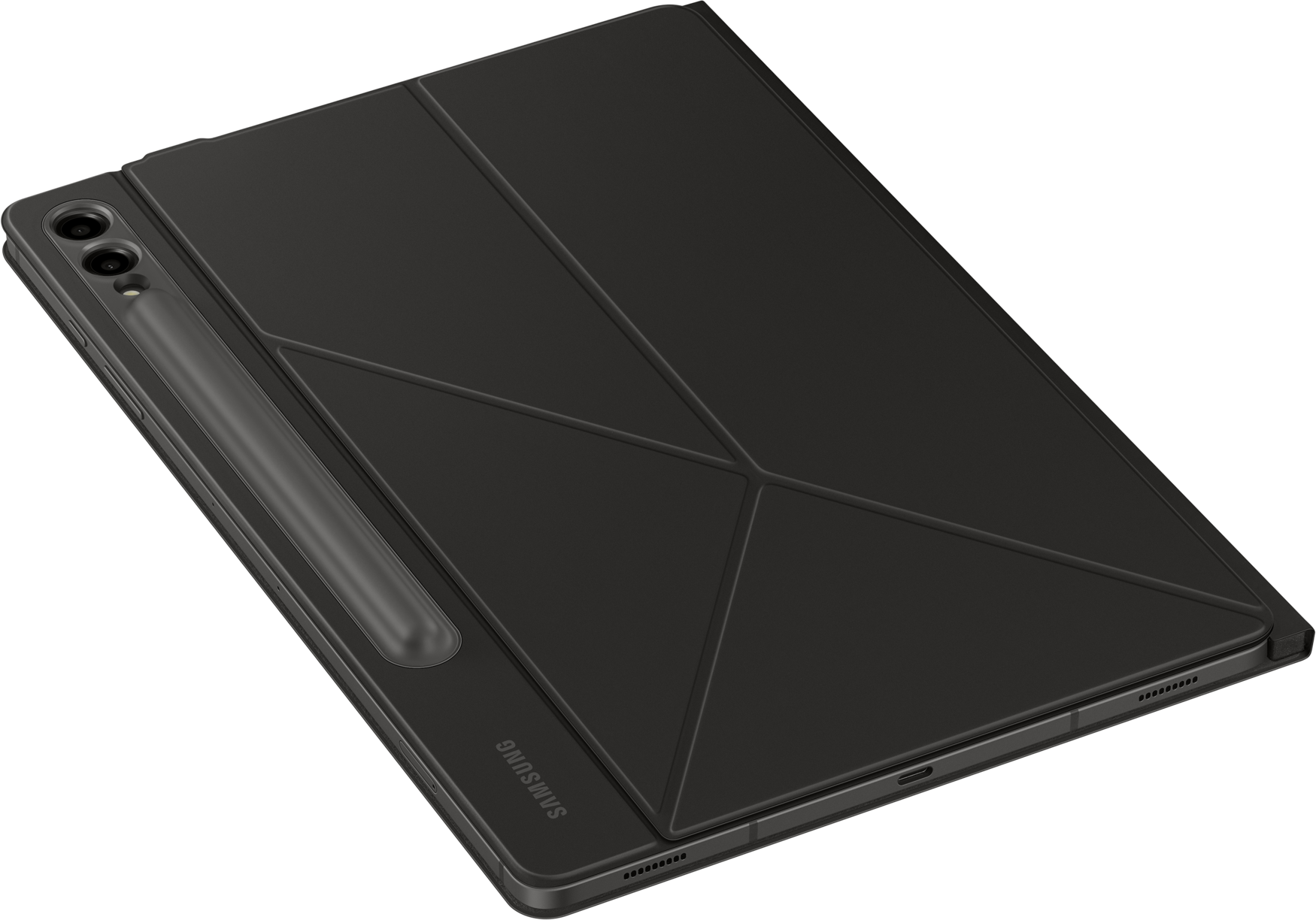 Tablette noire avec étui et stylet. La tablette est sur fond noir.