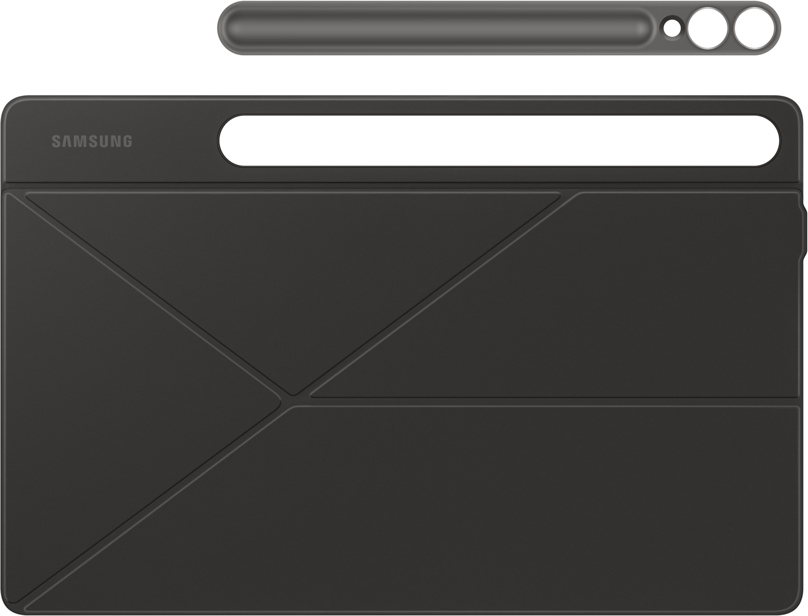 Étui de tablette Samsung noir avec un stylet assorti. L'étui se plie selon un motif géométrique.
