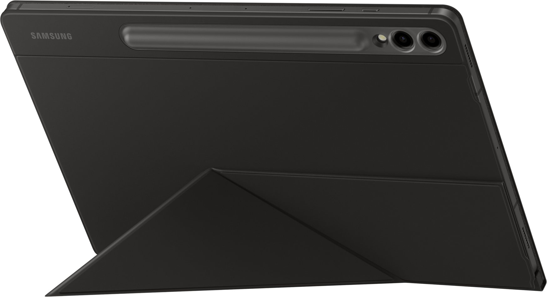 Tablette noire avec housse attachée, soutenue pour l'utilisation.