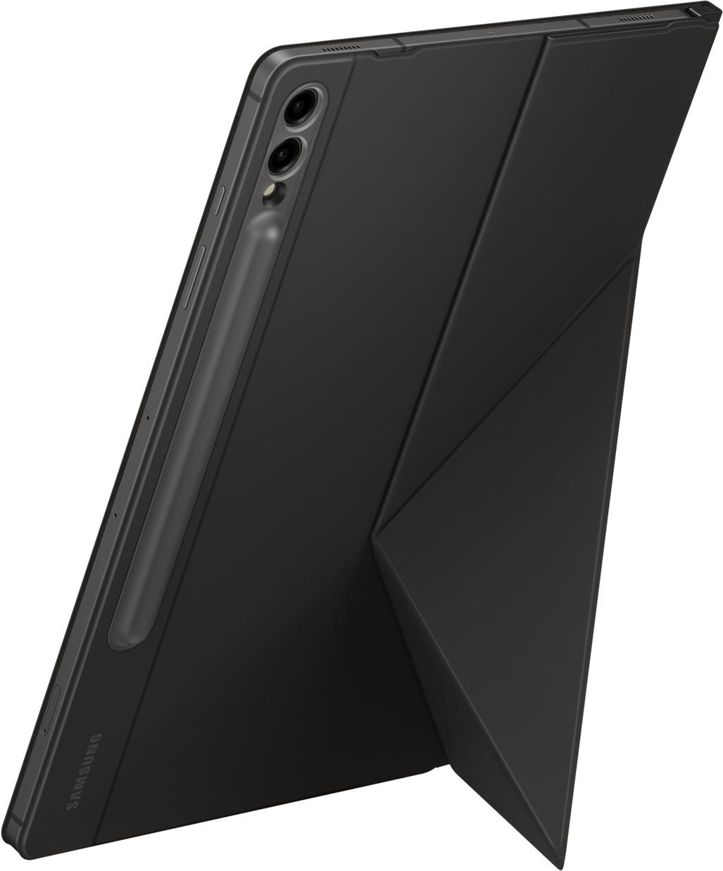 Tablette noire avec stylet et étui. Sur support, inclinée à droite.