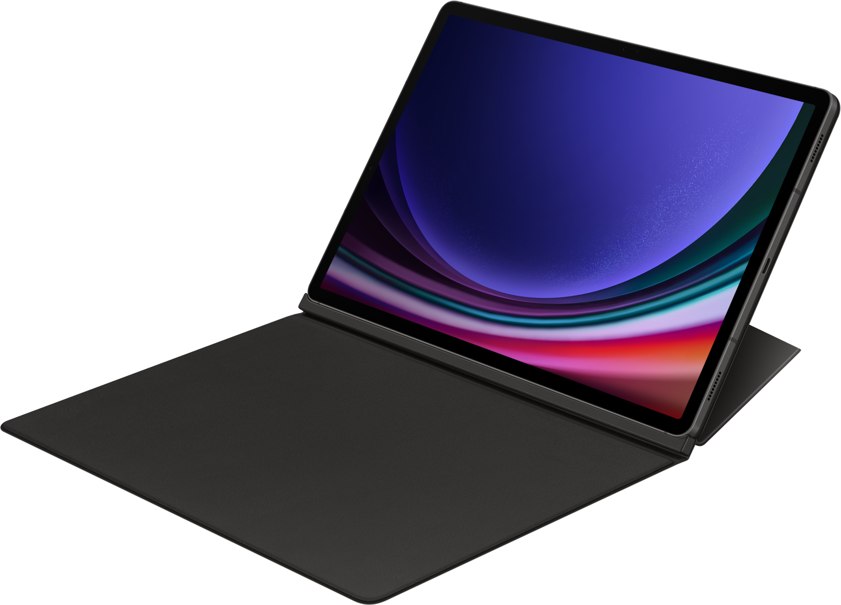 Une tablette avec un étui clavier ouvert, montrant l'écran sur fond noir.