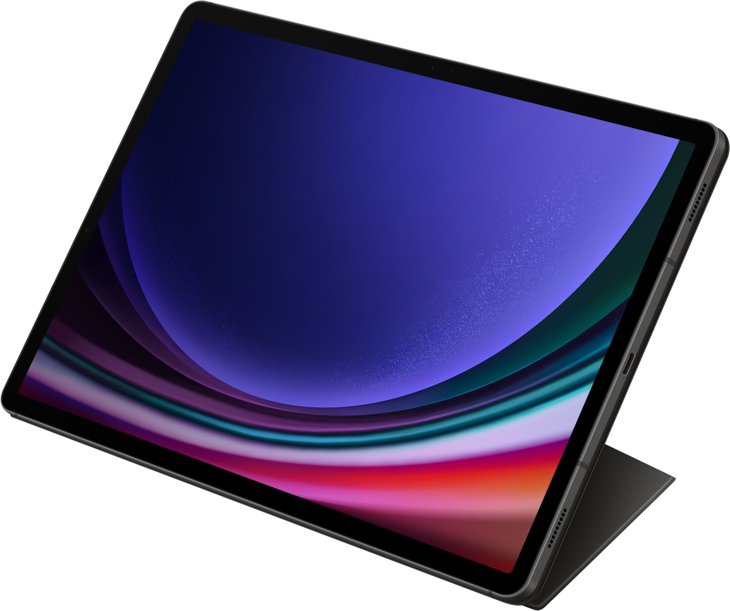 Tablette avec écran sombre, ouverte sur un étui noir.