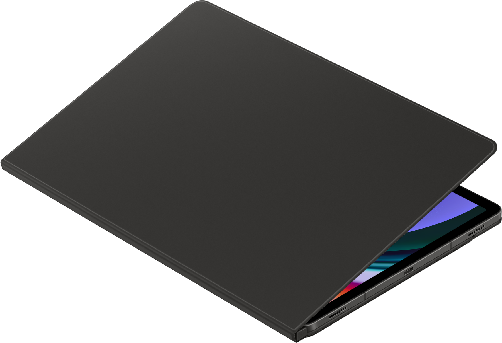 Housse de tablette noire, ouverte, révélant une tablette avec un écran coloré.